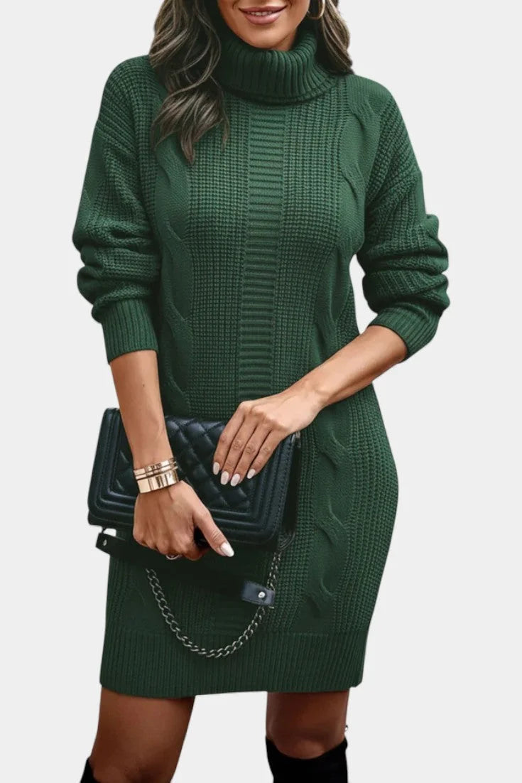 Women's turtleneck winter sweater dress with cable knit detail in Green