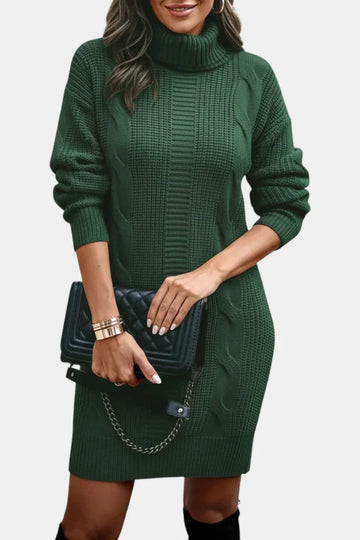 Women's turtleneck winter sweater dress with cable knit detail in Green
