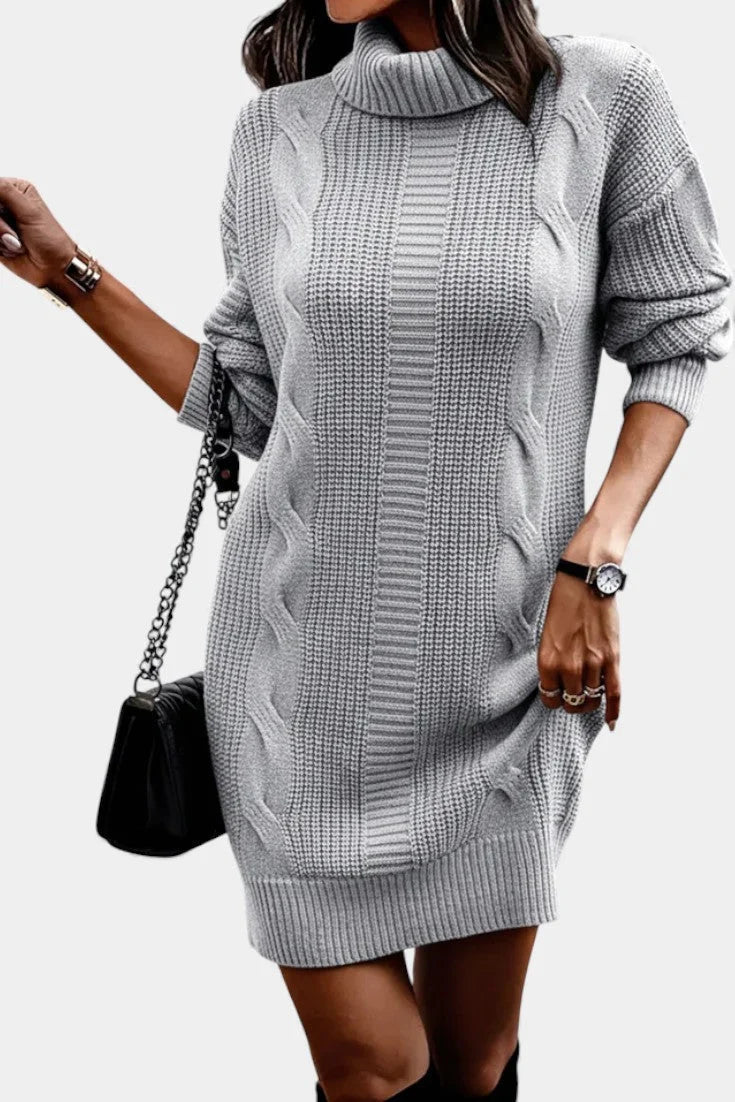 Women's turtleneck winter sweater dress with cable knit detail in Grey