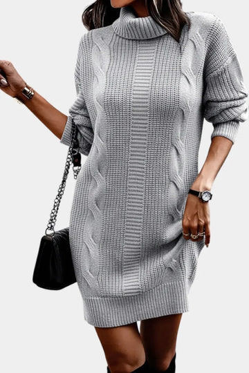 Women's turtleneck winter sweater dress with cable knit detail in Grey