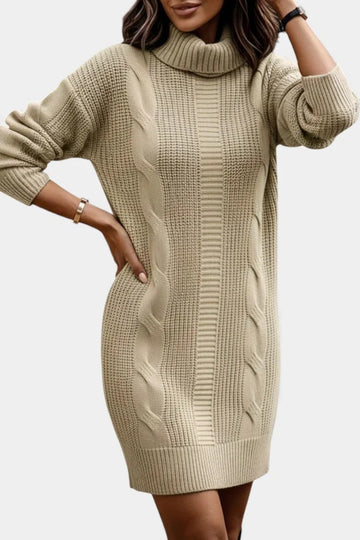 Women's turtleneck winter sweater dress with cable knit detail in Khaki