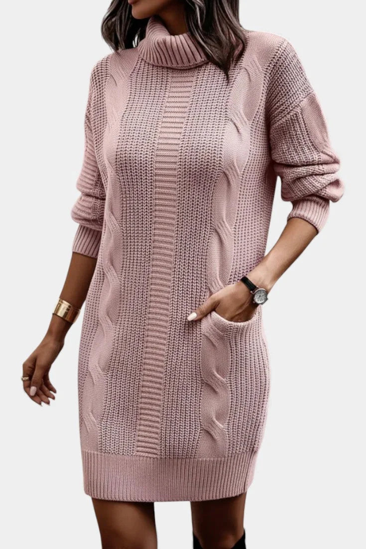Women's turtleneck winter sweater dress with cable knit detail in Pink