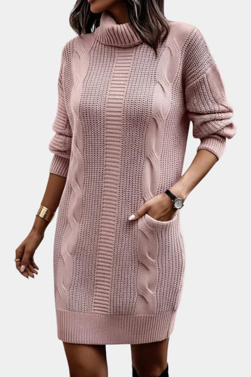 Women's turtleneck winter sweater dress with cable knit detail in Pink