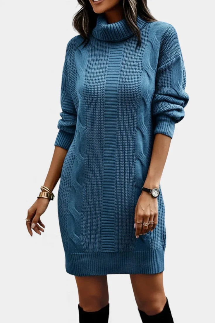Women's turtleneck winter sweater dress with cable knit detail in Sea Blue