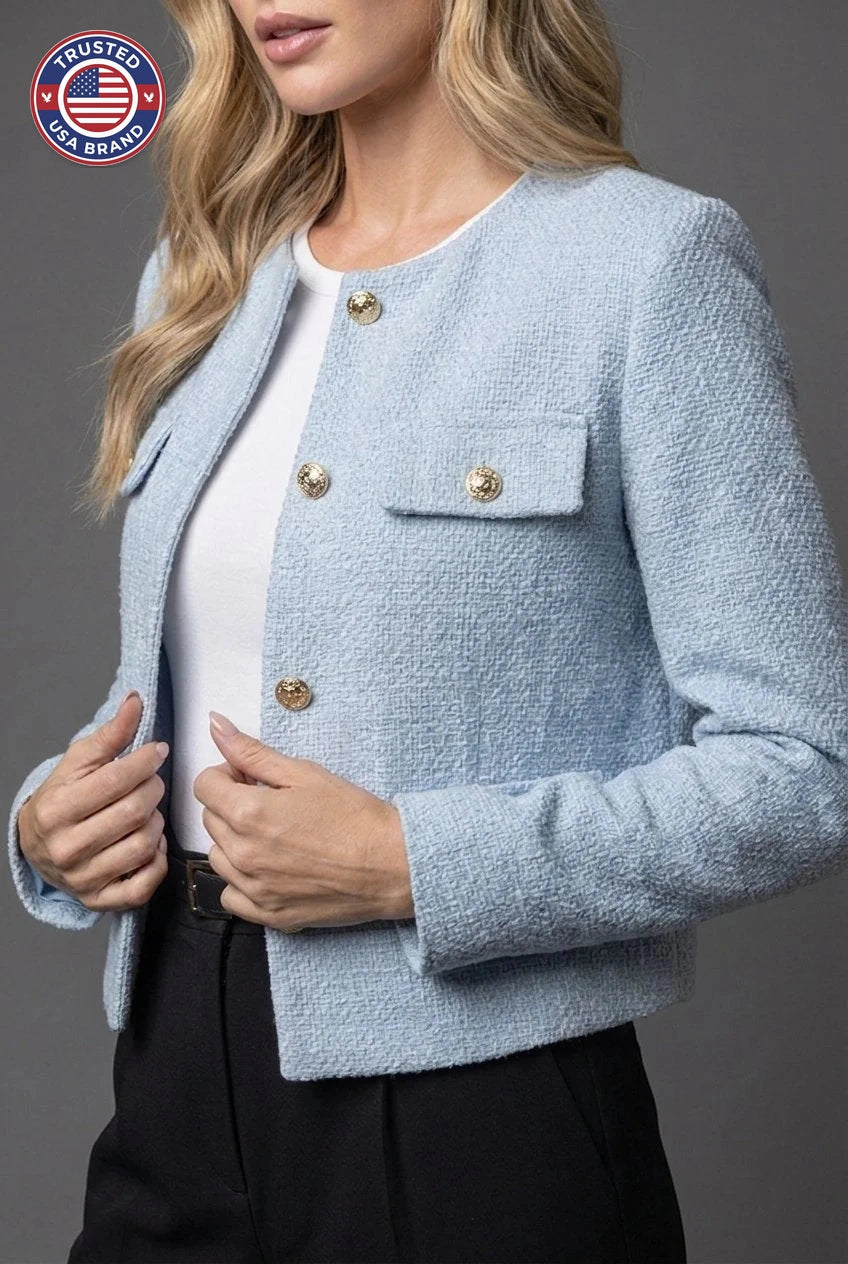 Women's Tweed Cropped Blazer Round Neck Gold Buttons - Light Blue