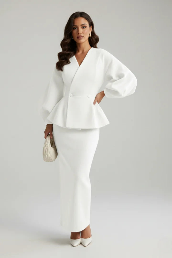 Women’s V-Neck Blazer and Skirt Set - Gray