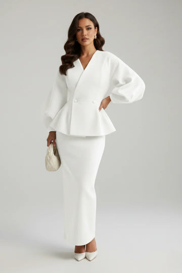 Women’s V-Neck Blazer and Skirt Set - Gray
