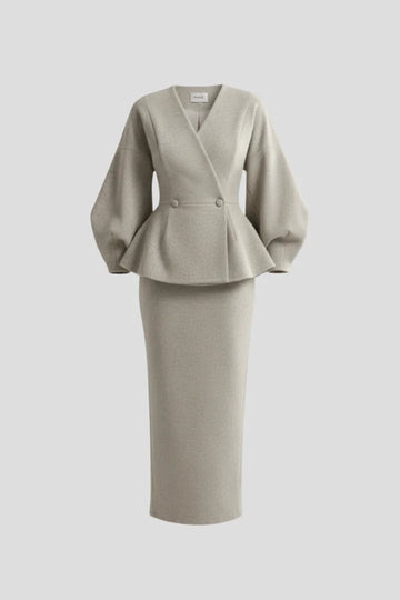 Women’s V-Neck Blazer and Skirt Set - Gray
