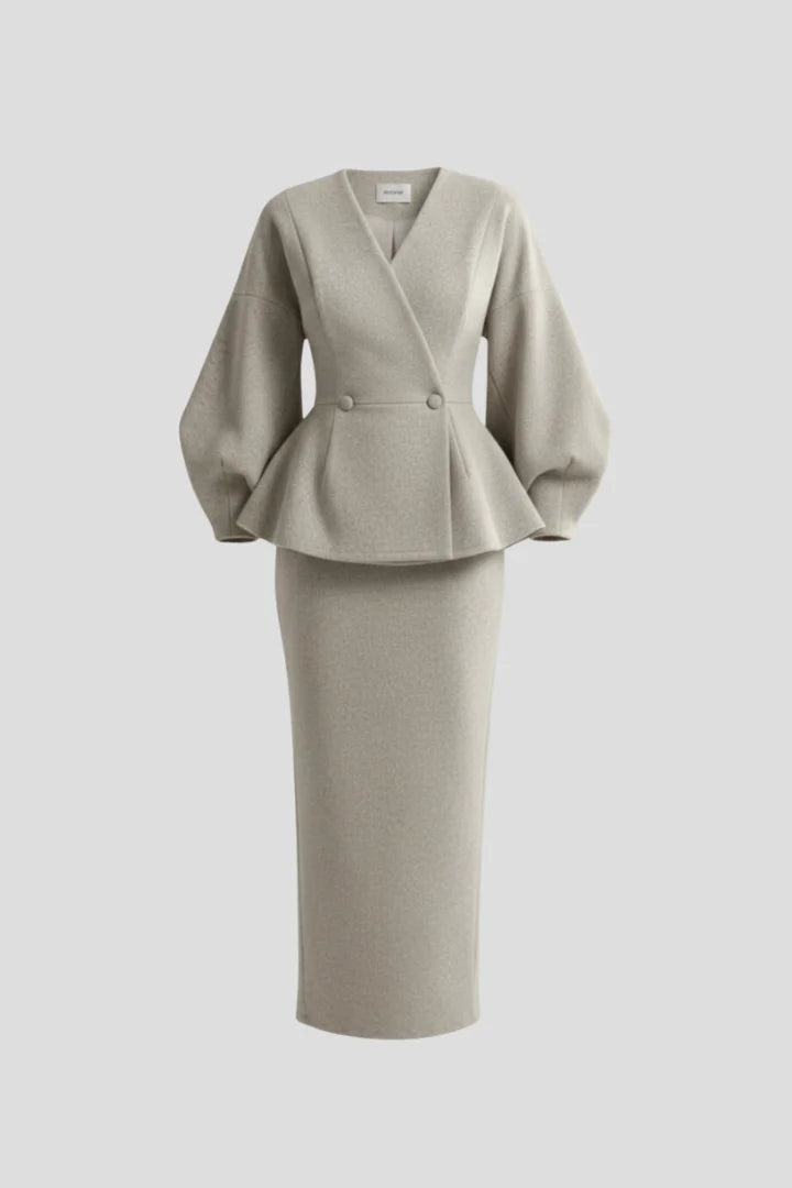 Women’s V-Neck Blazer and Skirt Set - Gray