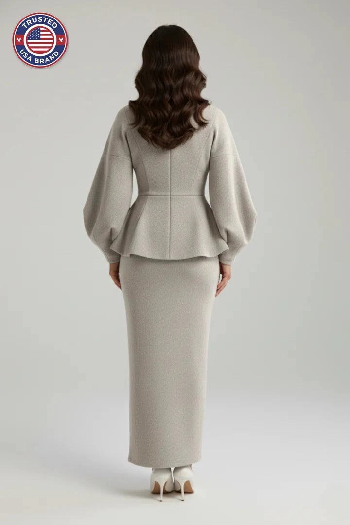 Women’s V-Neck Blazer and Skirt Set - Gray