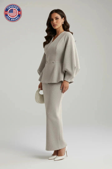 Women’s V-Neck Blazer and Skirt Set - Gray