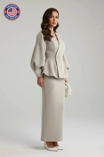 Women’s V-Neck Blazer and Skirt Set - Gray