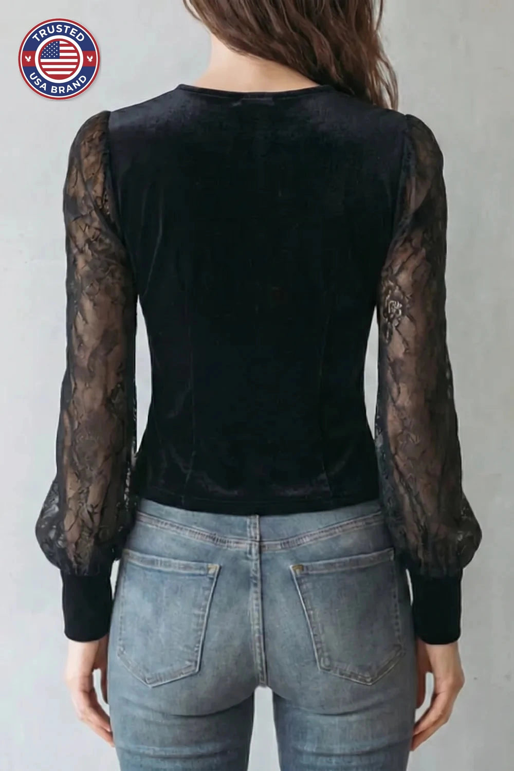 Women's velvet winter blouse with sheer lace sleeves
