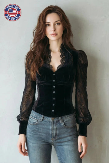Women's velvet winter blouse with sheer lace sleeves