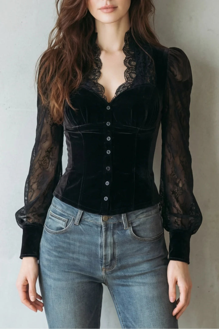 Women's velvet winter blouse with sheer lace sleeves in Black