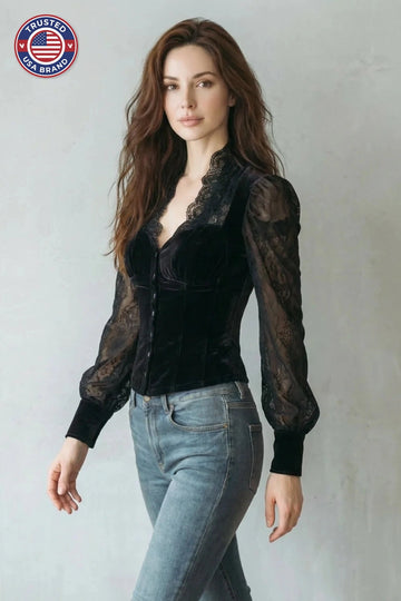 Women's velvet winter blouse with sheer lace sleeves