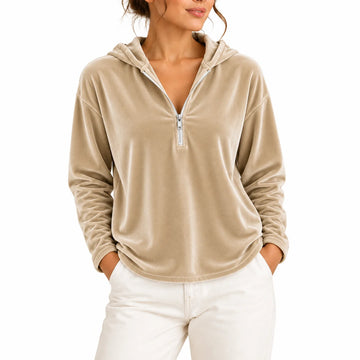 Women's winter quarter zip sweater hoodie in Beige