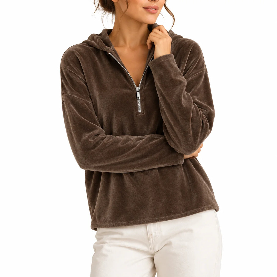 Women's winter quarter zip sweater hoodie in Brown