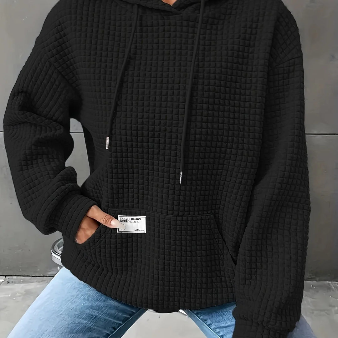 Women's comfy waffle knit winter hoodie with kangaroo pocket in Black