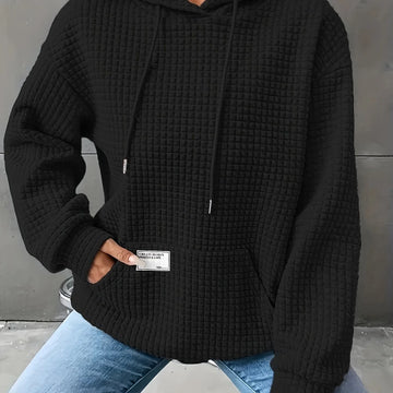 Women's comfy waffle knit winter hoodie with kangaroo pocket in Black