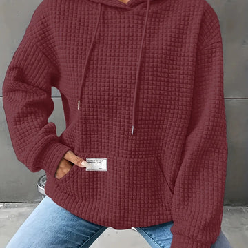 Women's comfy waffle knit winter hoodie with kangaroo pocket in Burgundy