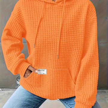 Women's comfy waffle knit winter hoodie with kangaroo pocket in Orange