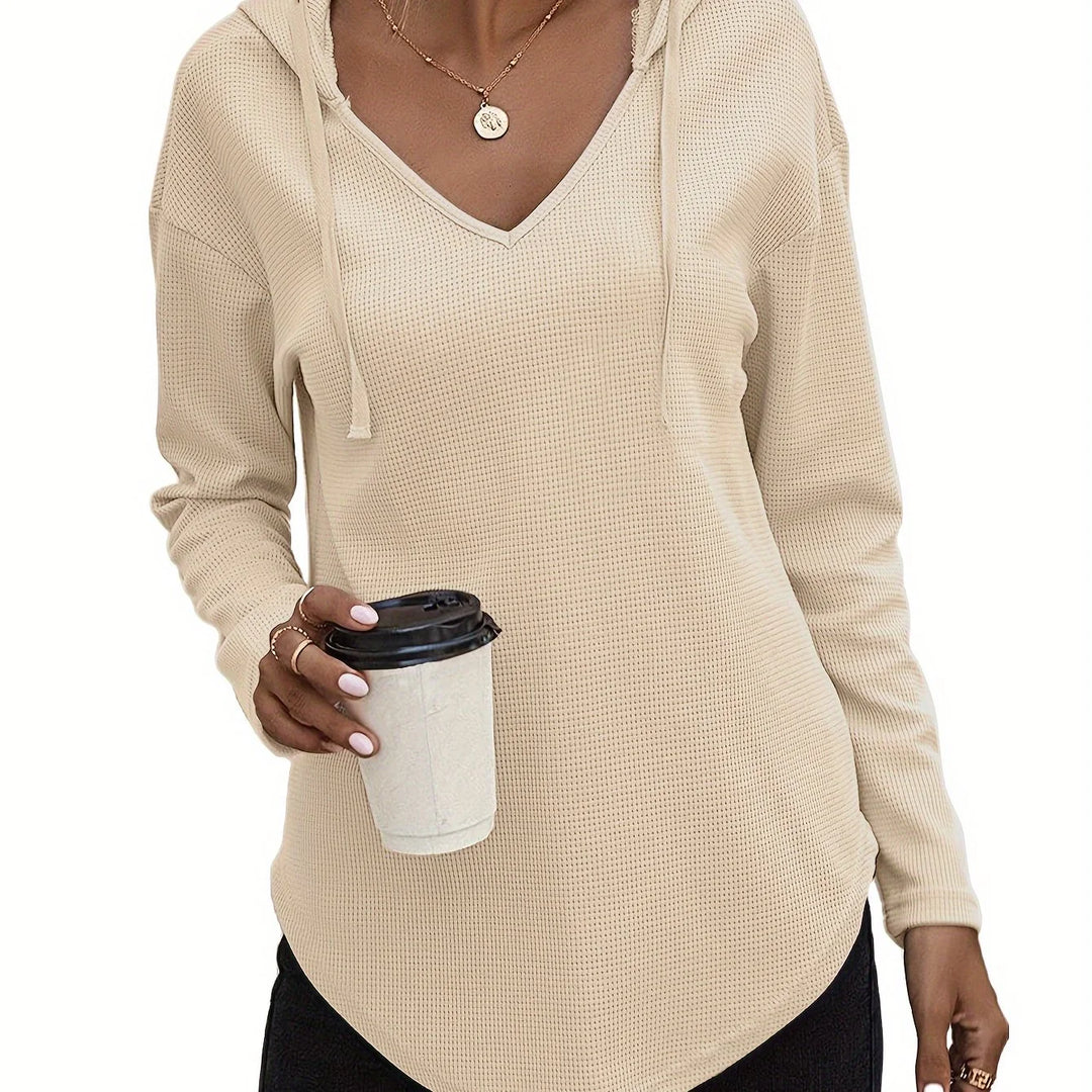 Women's comfy waffle knit V-neck winter hoodie in Apricot