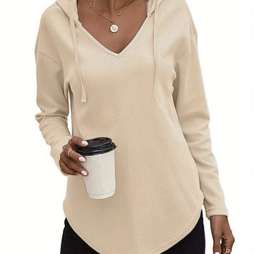 Women's comfy waffle knit V-neck winter hoodie in Apricot