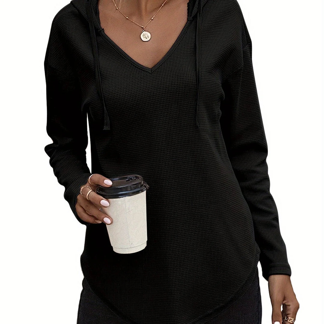 Women's comfy waffle knit V-neck winter hoodie in Black