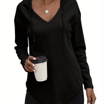 Women's comfy waffle knit V-neck winter hoodie in Black