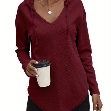 Women's comfy waffle knit V-neck winter hoodie in Burgundy