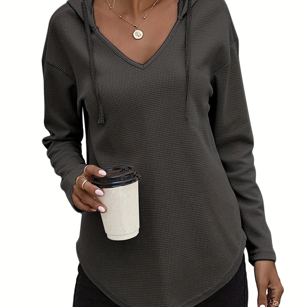 Women's comfy waffle knit V-neck winter hoodie in Dark Gray
