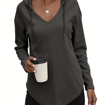 Women's comfy waffle knit V-neck winter hoodie in Dark Gray