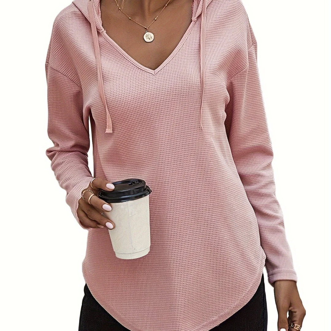 Women's comfy waffle knit V-neck winter hoodie in Rose Gold