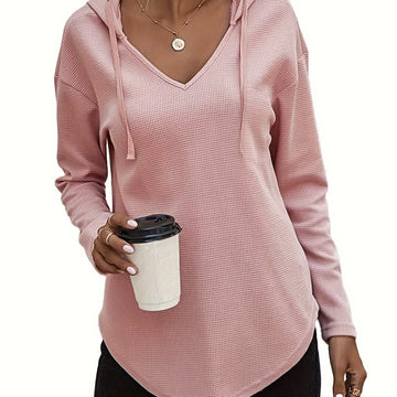 Women's comfy waffle knit V-neck winter hoodie in Rose Gold