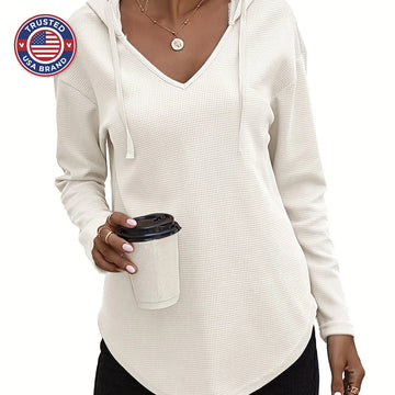 Women's comfy waffle knit V-neck winter hoodie in Rose Gold