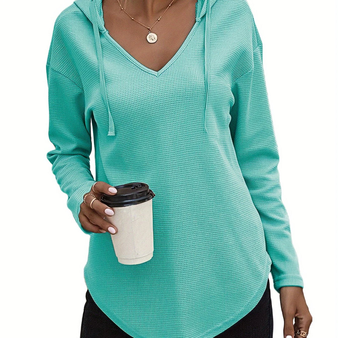 Women's comfy waffle knit V-neck winter hoodie in Teal