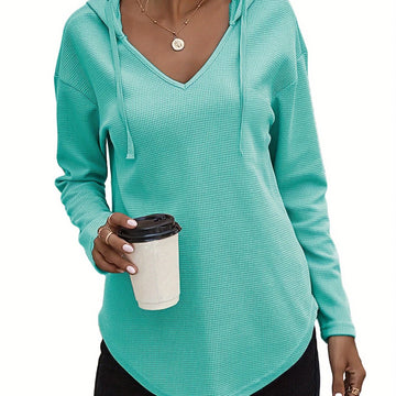Women's comfy waffle knit V-neck winter hoodie in Teal