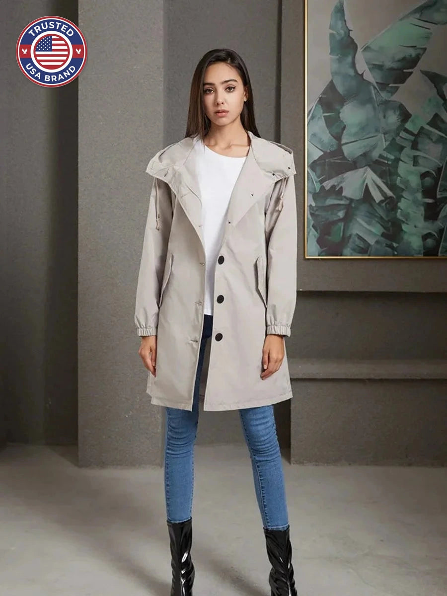 Women's water-resistant hooded winter trench coat button-front