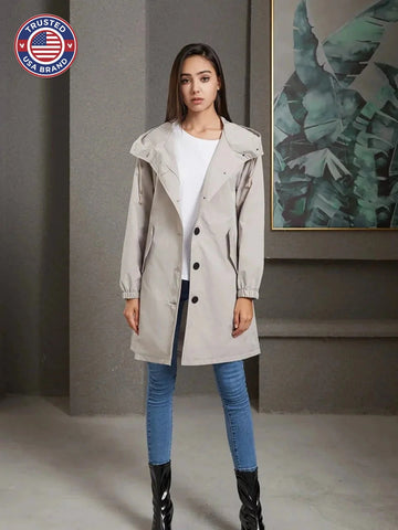 Women's water-resistant hooded winter trench coat button-front