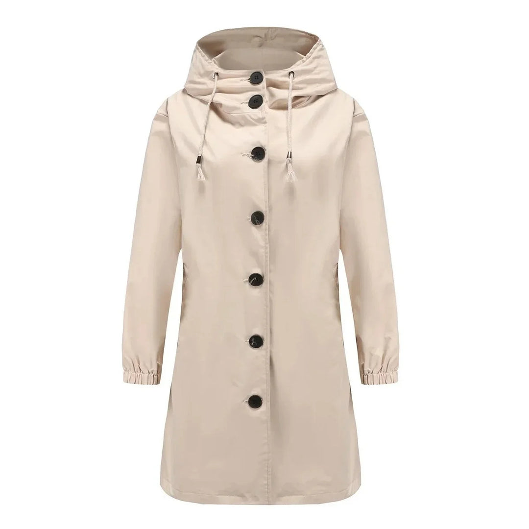 Women's water-resistant hooded winter trench coat button-front in Beige