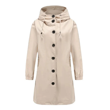 Women's water-resistant hooded winter trench coat button-front in Beige