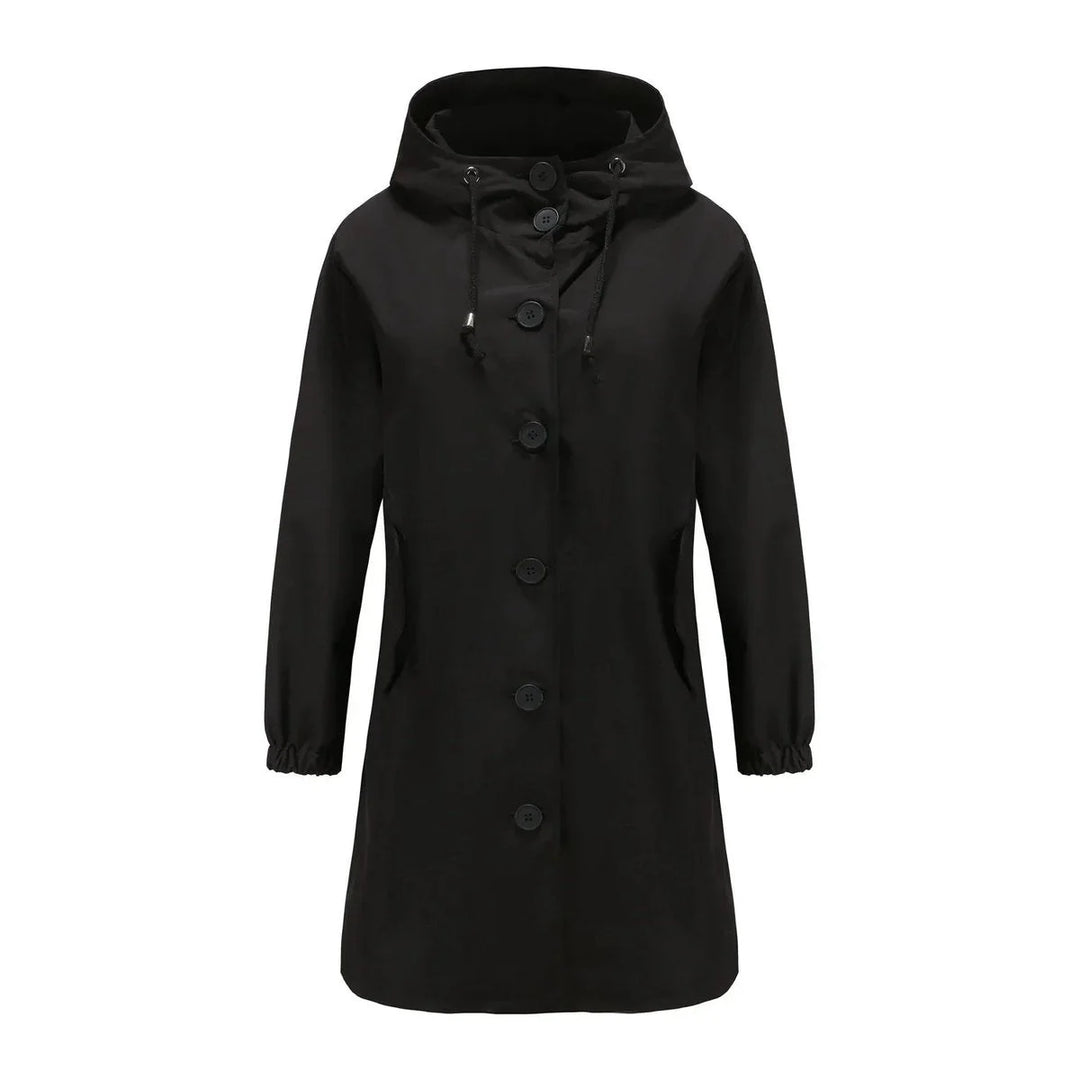 Women's water-resistant hooded winter trench coat button-front in Black