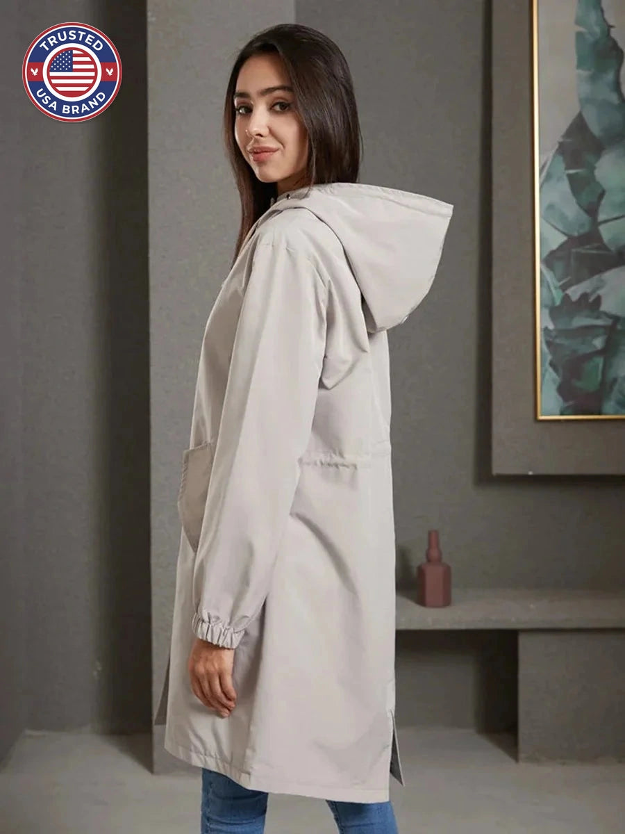 Women's water-resistant hooded winter trench coat button-front