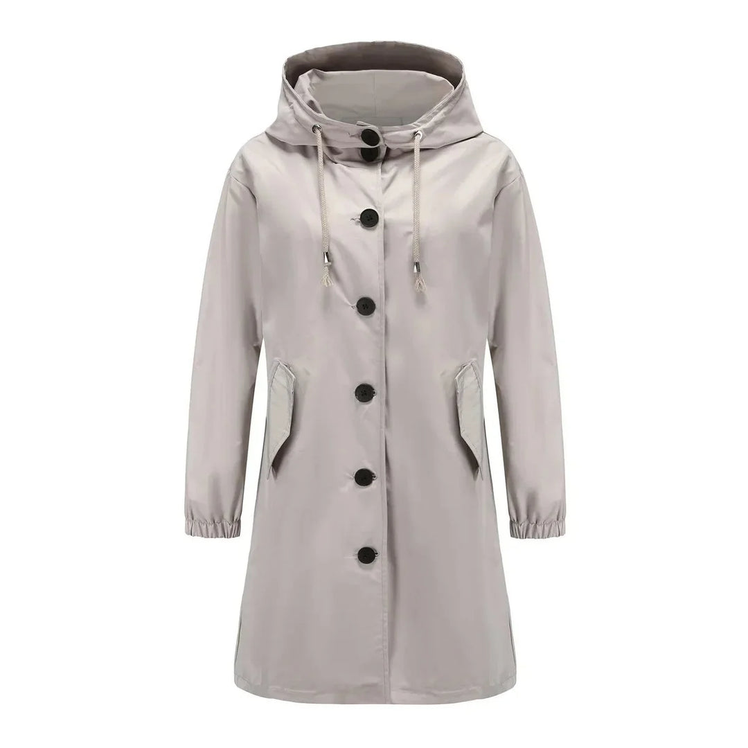 Women's water-resistant hooded winter trench coat button-front in Grey