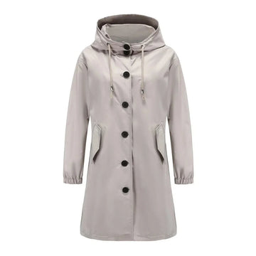 Women's water-resistant hooded winter trench coat button-front in Grey