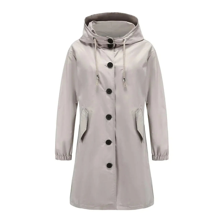 Women's water-resistant hooded winter trench coat button-front in Grey