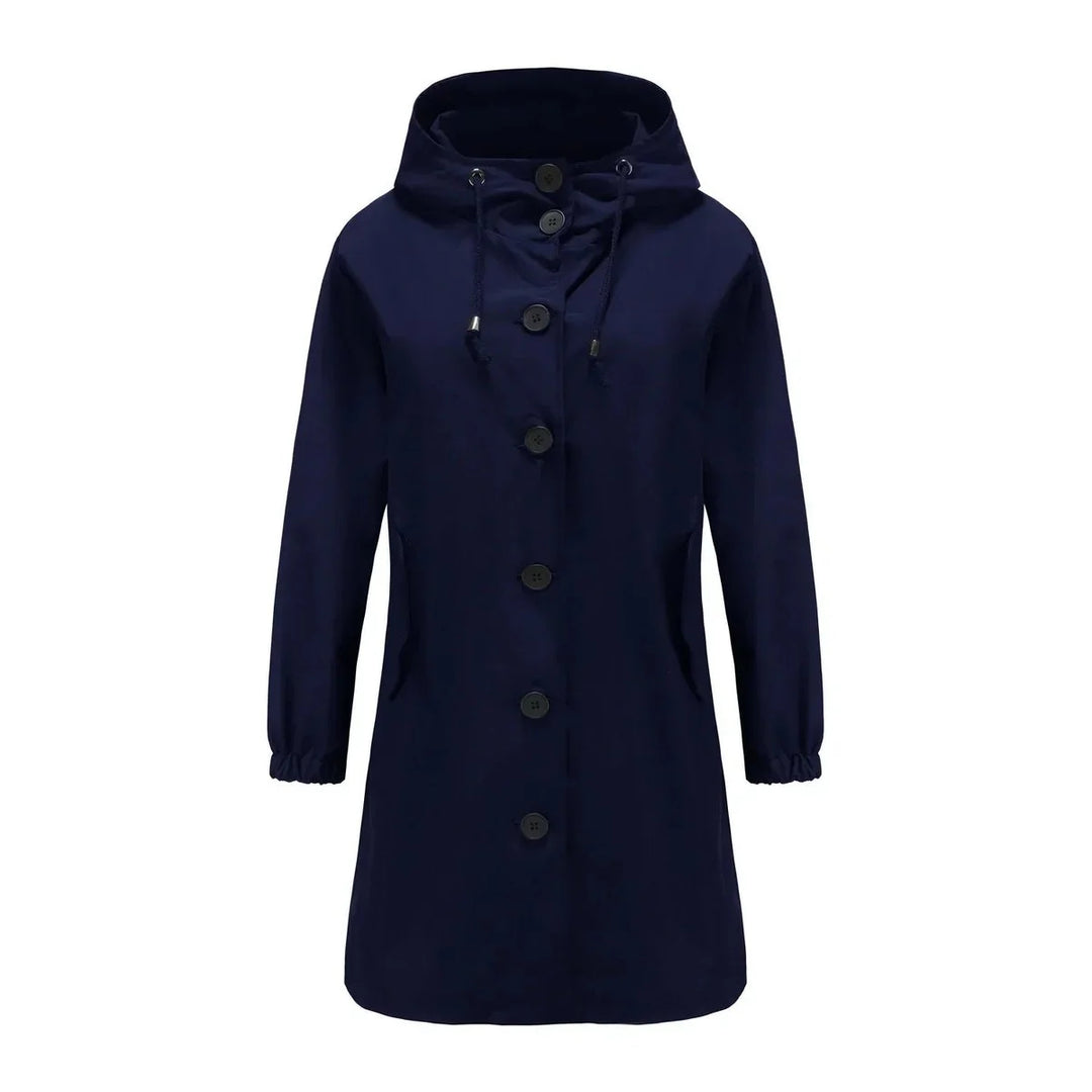 Women's water-resistant hooded winter trench coat button-front in Navy