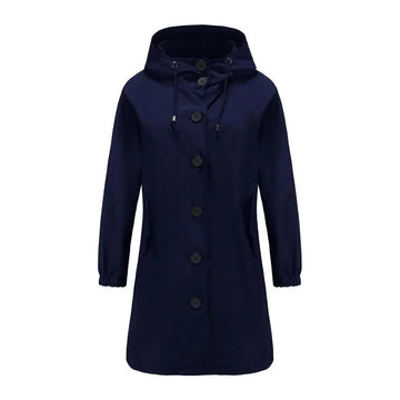 Women's water-resistant hooded winter trench coat button-front in Navy
