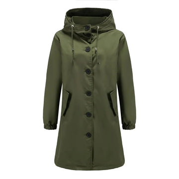 Women's water-resistant hooded winter trench coat button-front in Olive Green
